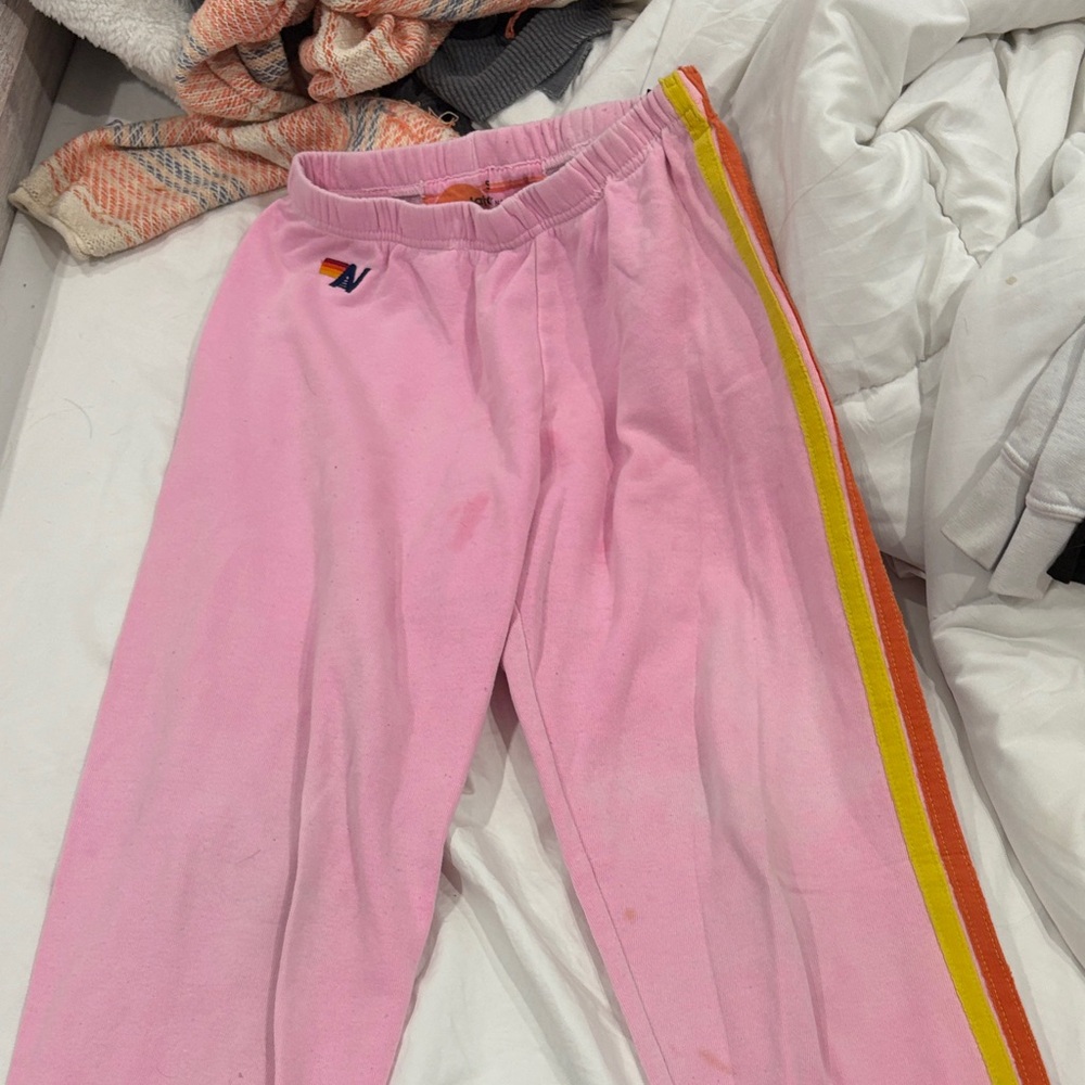 Aviator Nation Pink Track Pants with Rainbow Stripe